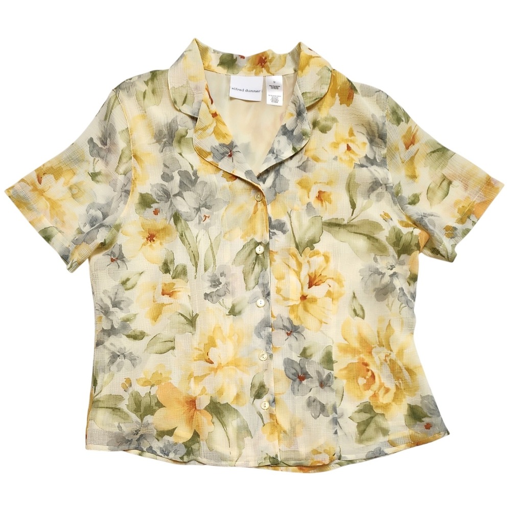Alfred Dunner Floral Button Down Blouse Short Sleeve Yellow Vintage Womens 12